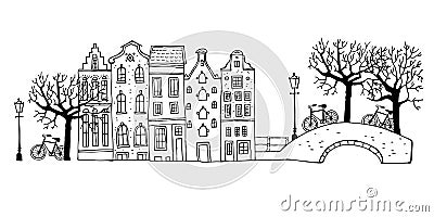 Amsterdam street scene. Vector outline sketch hand drawn illustration. Houses with bridges, lanterns, trees and bicycles Vector Illustration